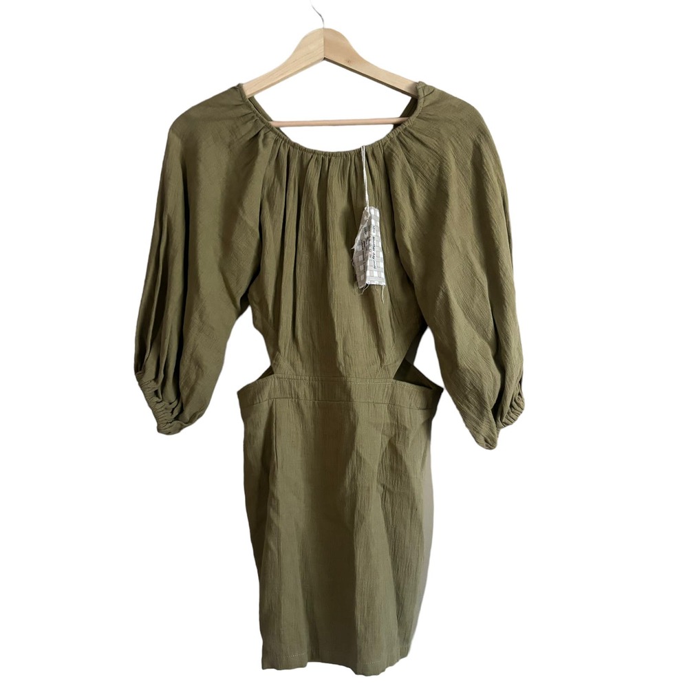 Maurie + Eve Another Day Mini Dress Olive Green XS Puff Sleeves Cut Out Cotton - Picture 3 of 12